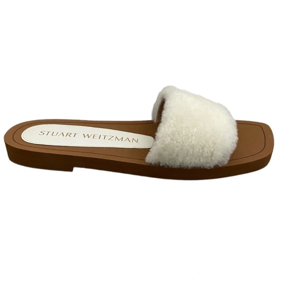NWT Stuart Weitzman Cammy Shearling Slides White Size 6.5B US 37 EUR